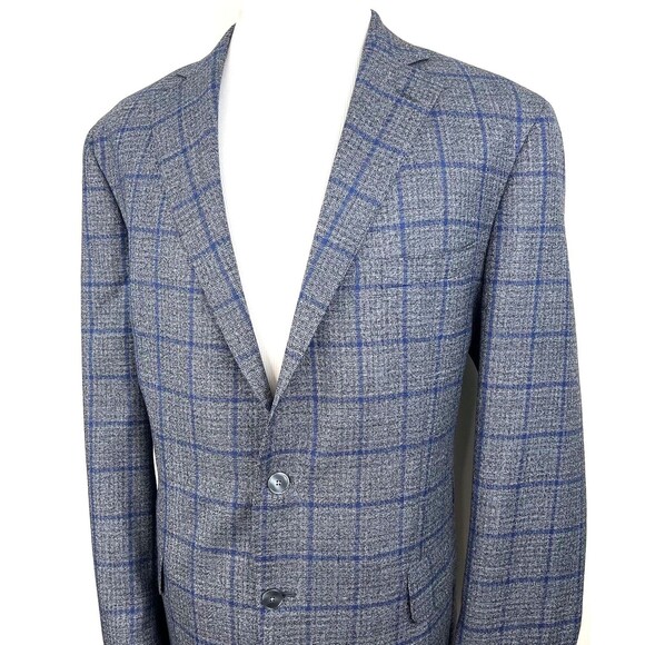 Hardwick Mens Gray Blue Windowpane Two Button Wool Sports Coat Blazer Size 46L - Picture 1 of 13